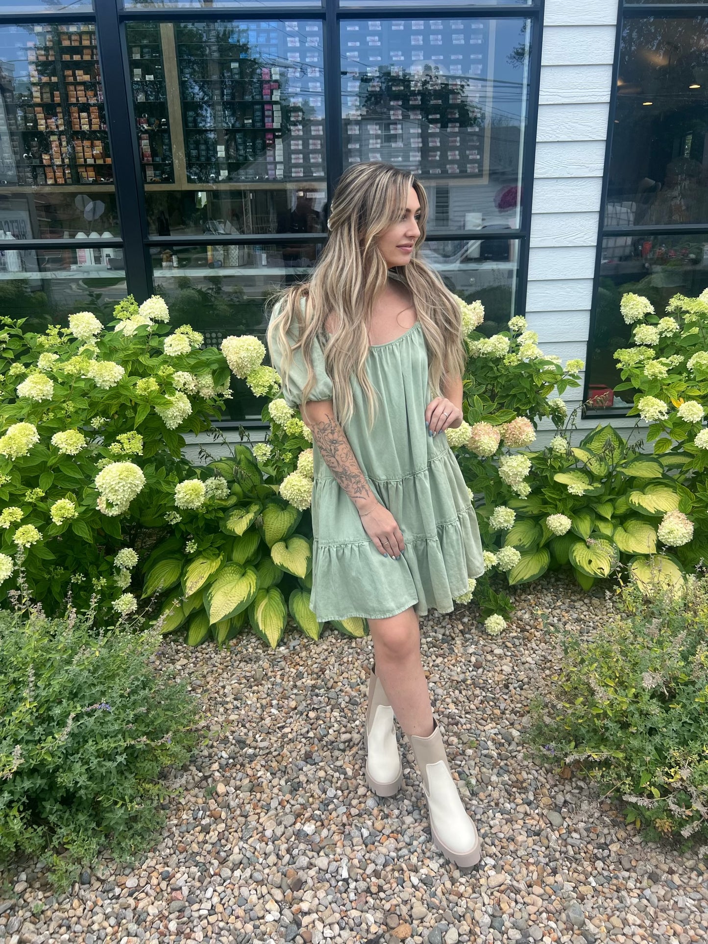 Pear Green Ruffle Square Neck Dress