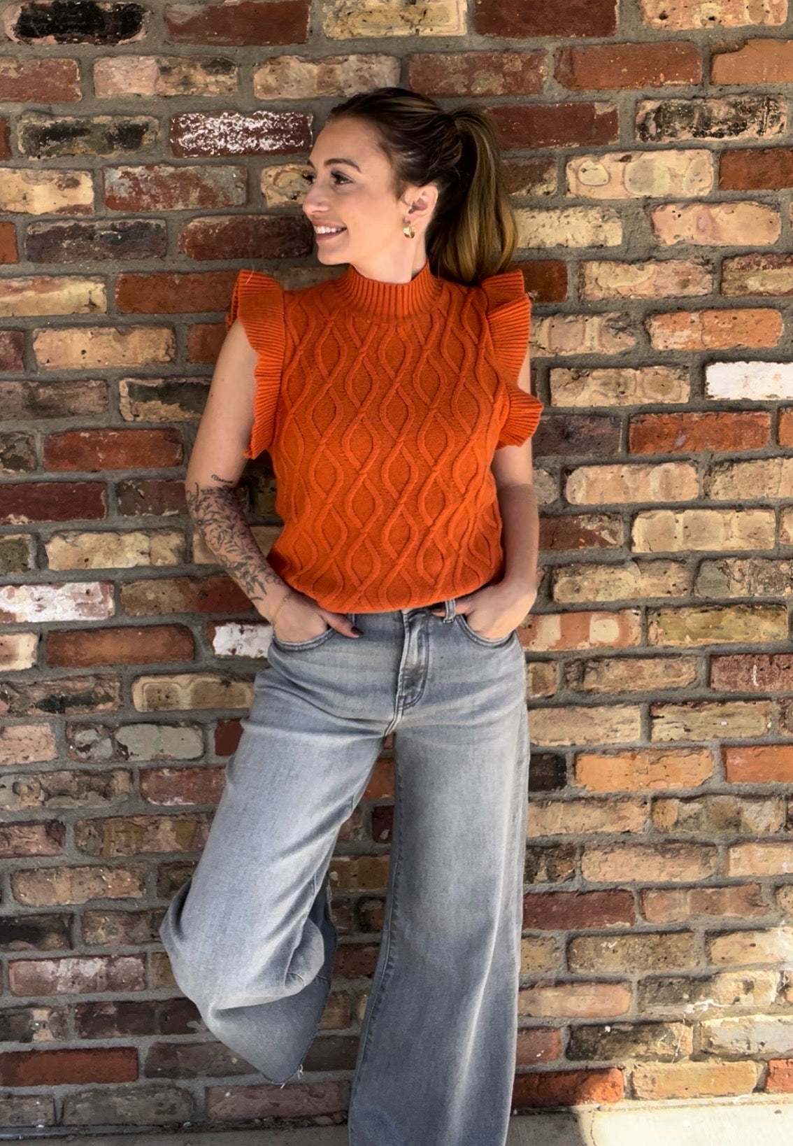 Orange Ruffle Mock Sleeve Sweater Vest