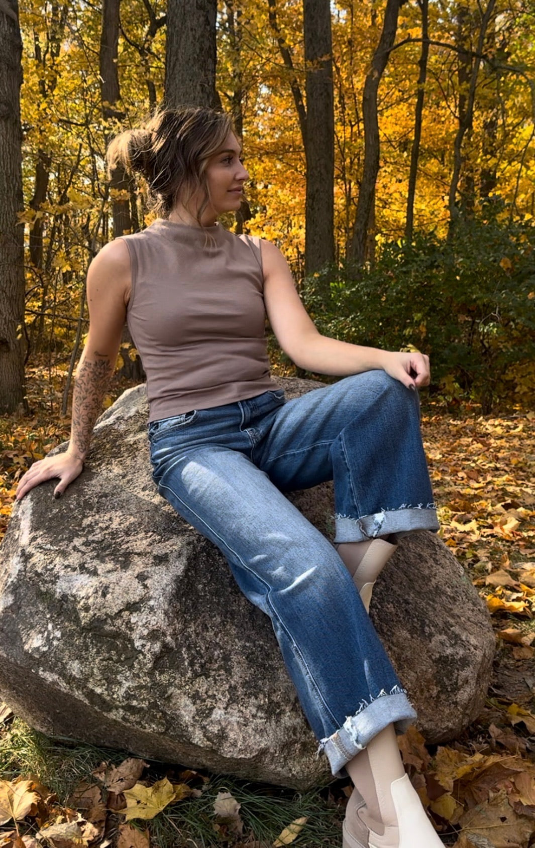 Brown Mock Neck Sleeveless Cropped Knit Top