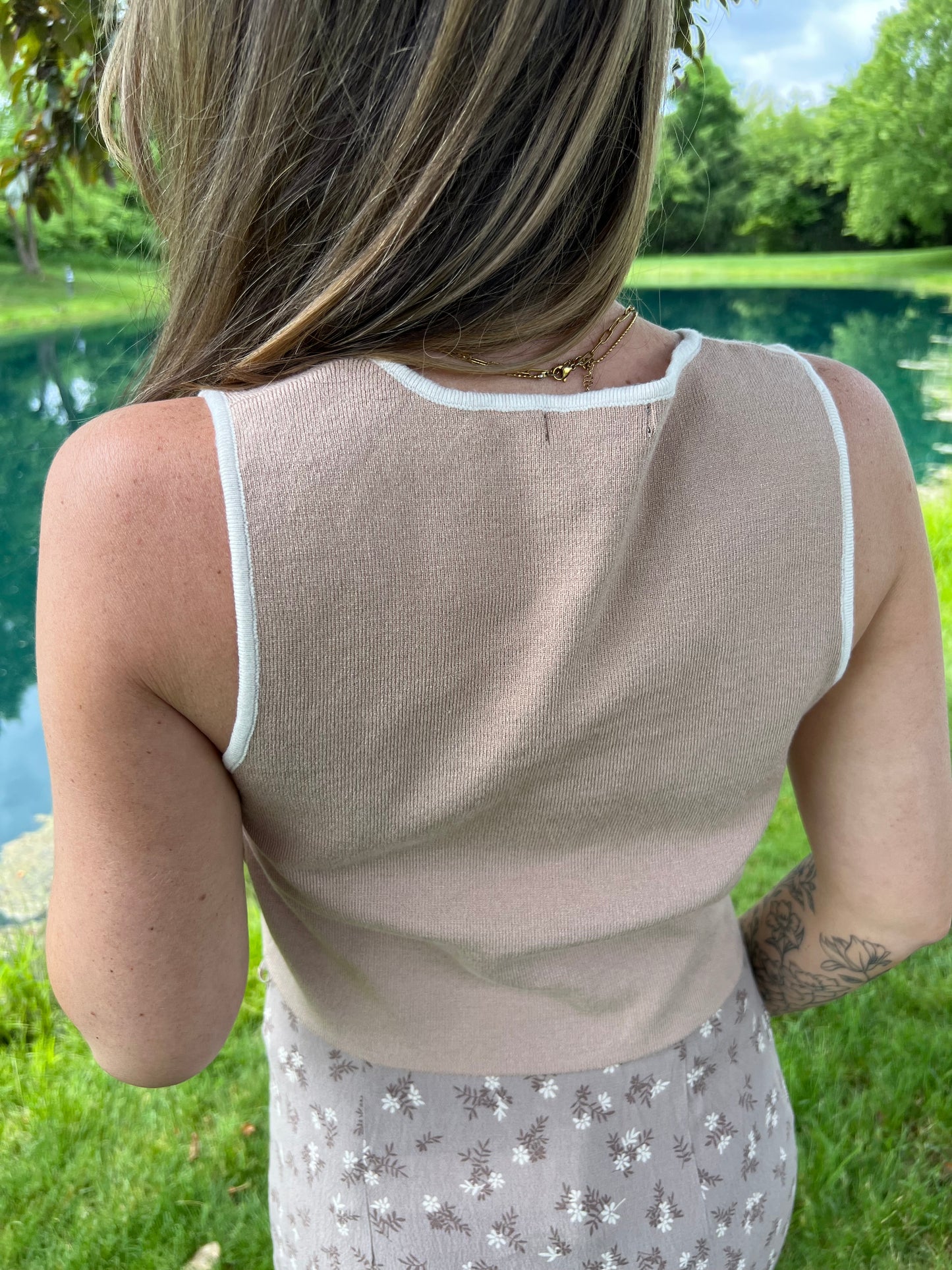 Beige/White Front Tie Sweater Knit Top