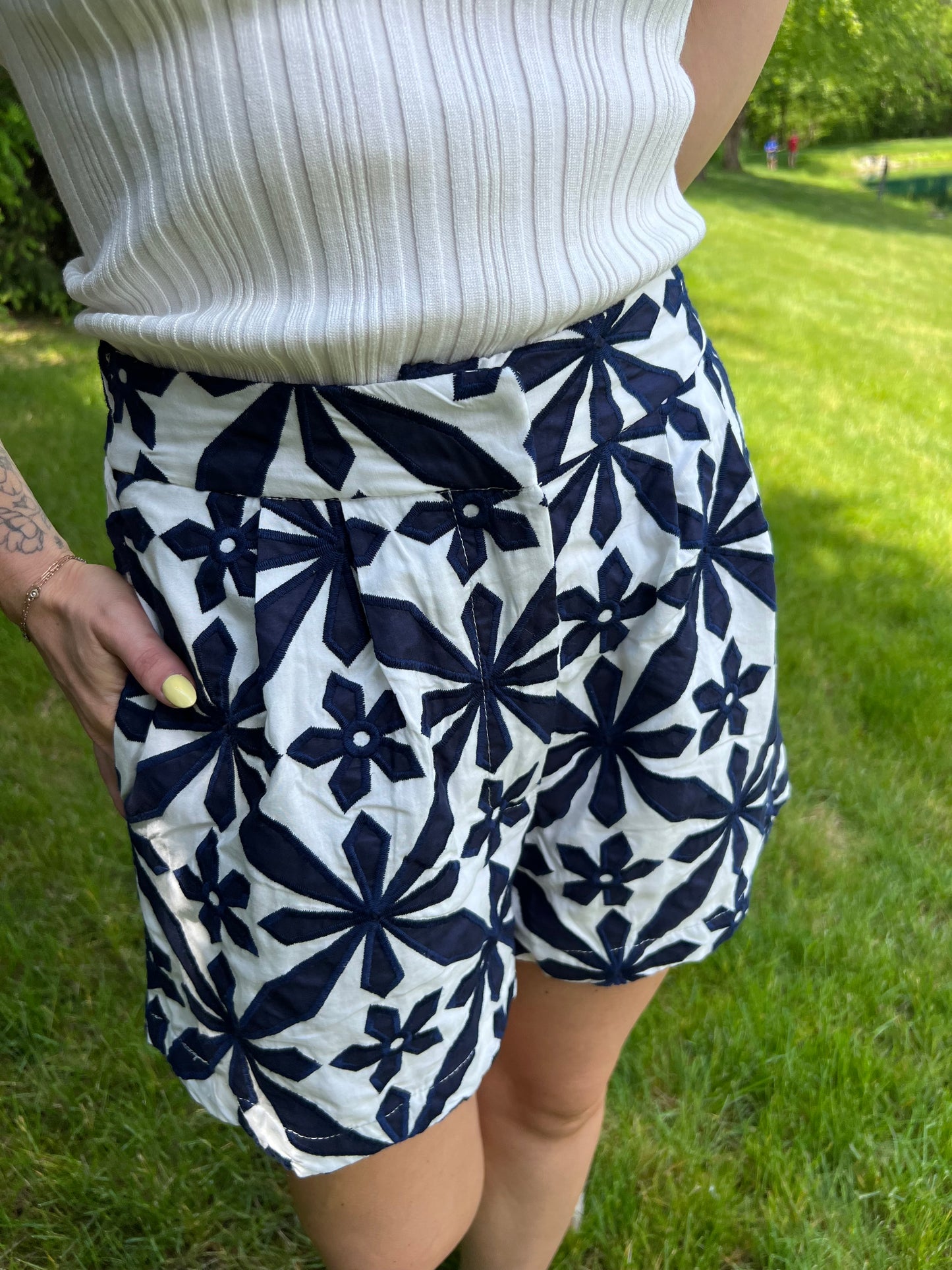Embroidered Navy White Shorts
