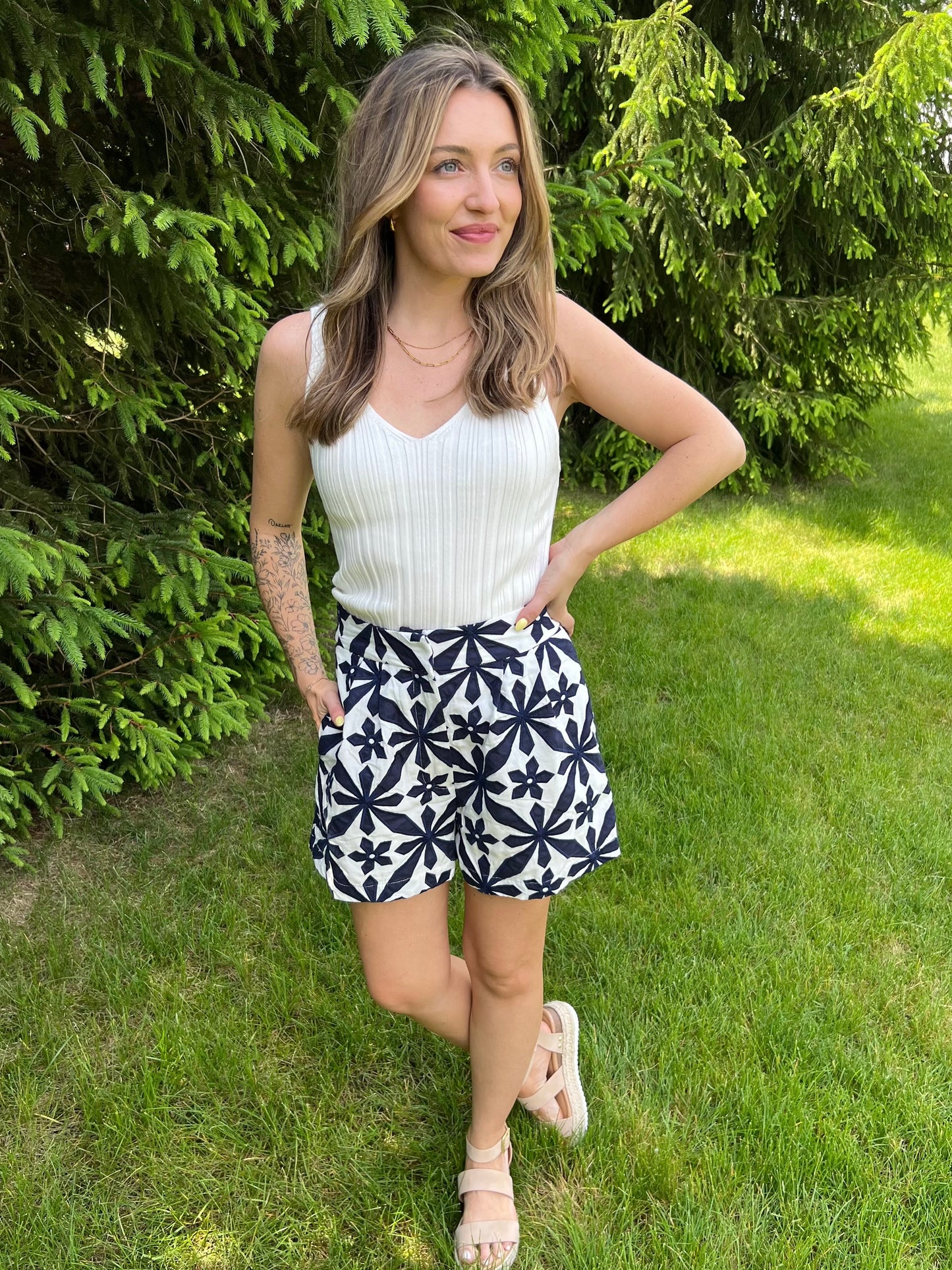 Embroidered Navy White Shorts