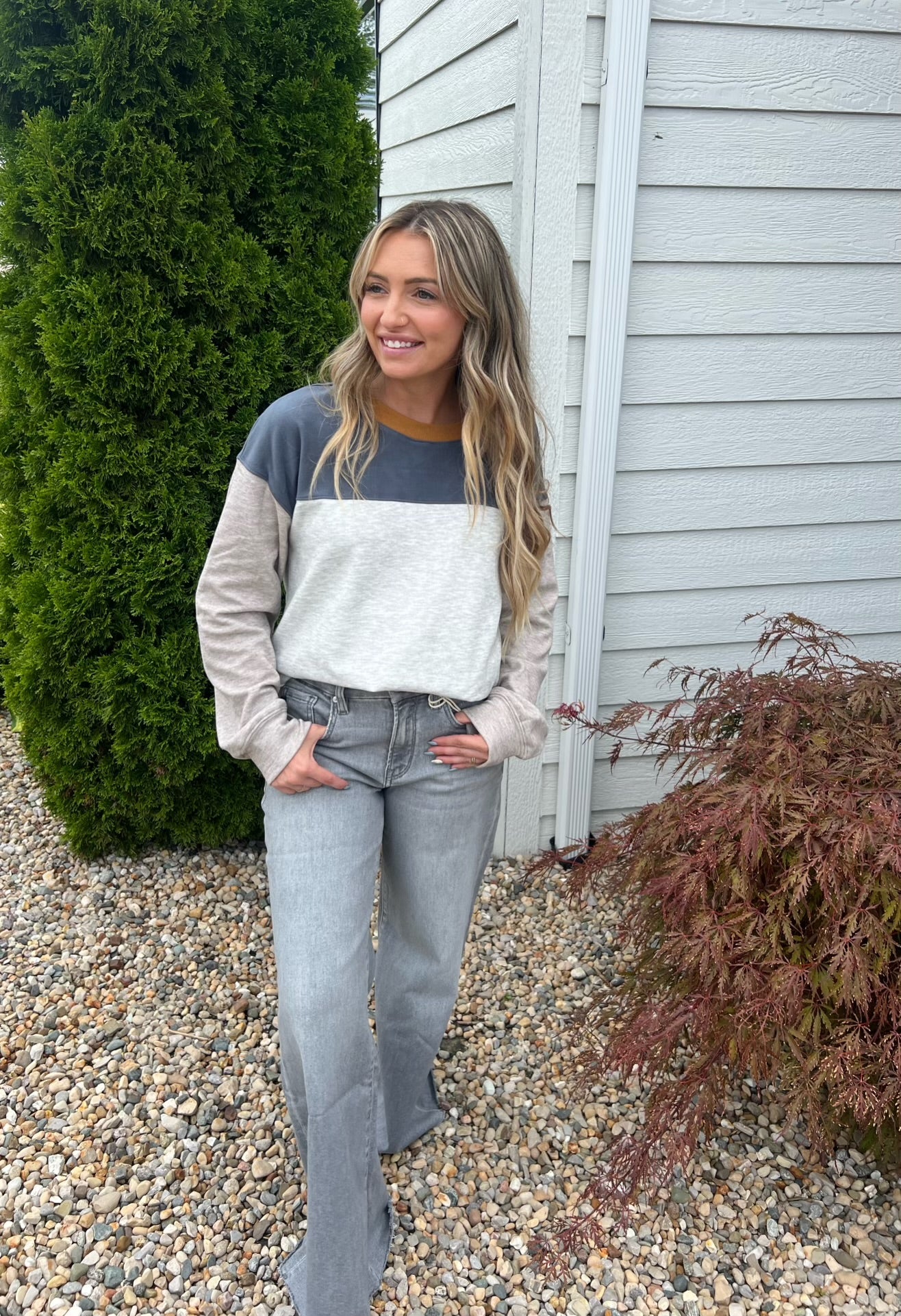 Slate Grey Crew Neck Color Block Fleece Pullover