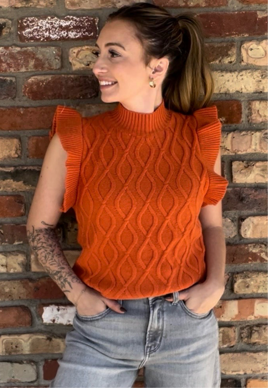 Orange Ruffle Mock Sleeve Sweater Vest