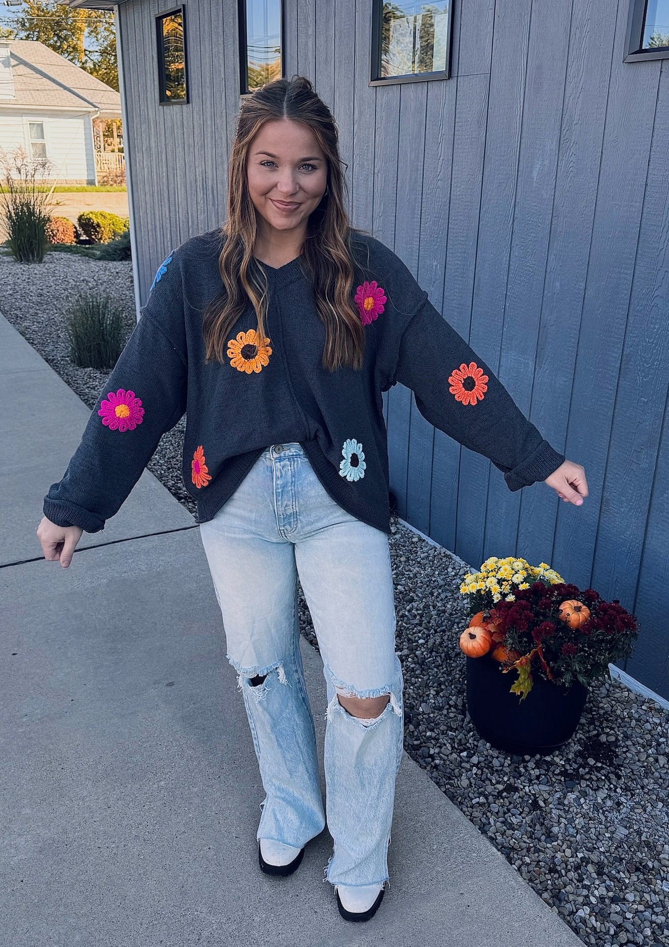 Charcoal Multi-Color Knit Flower Sweater