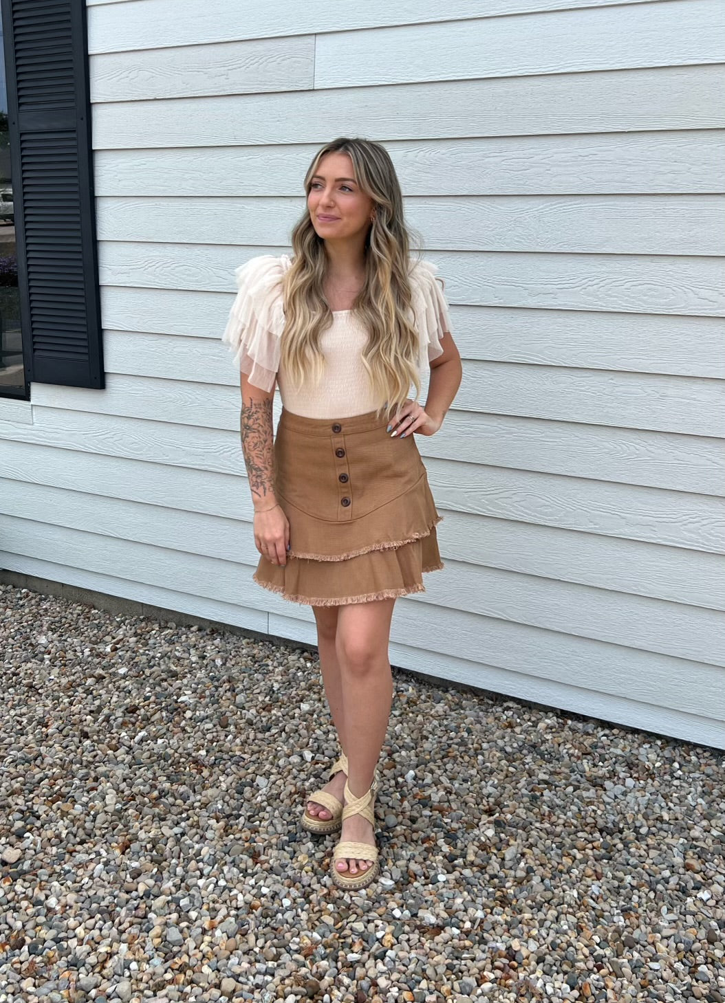 Tiered Layer Butterscotch Colored Denim Mini Skirt