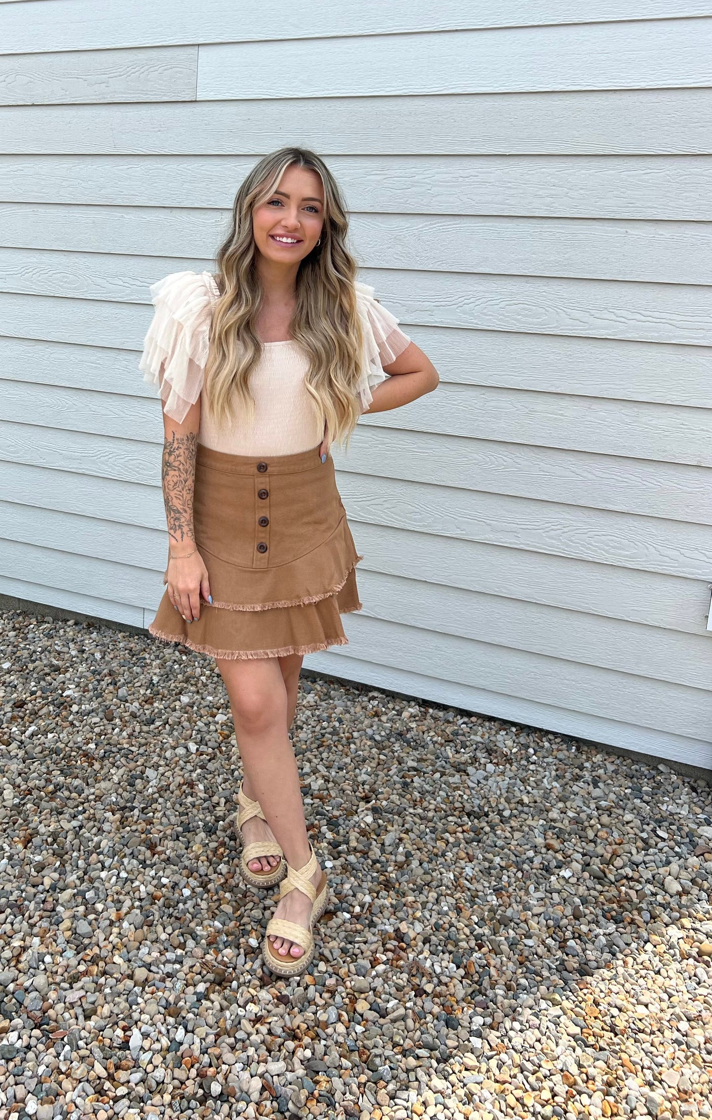 Tiered Layer Butterscotch Colored Denim Mini Skirt