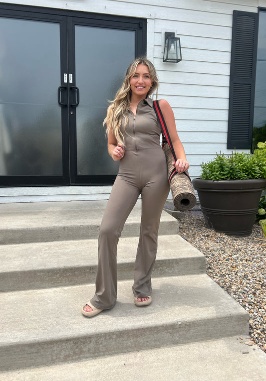 Olive Grey Venice Retro Half Zip Flared Jumpsuit