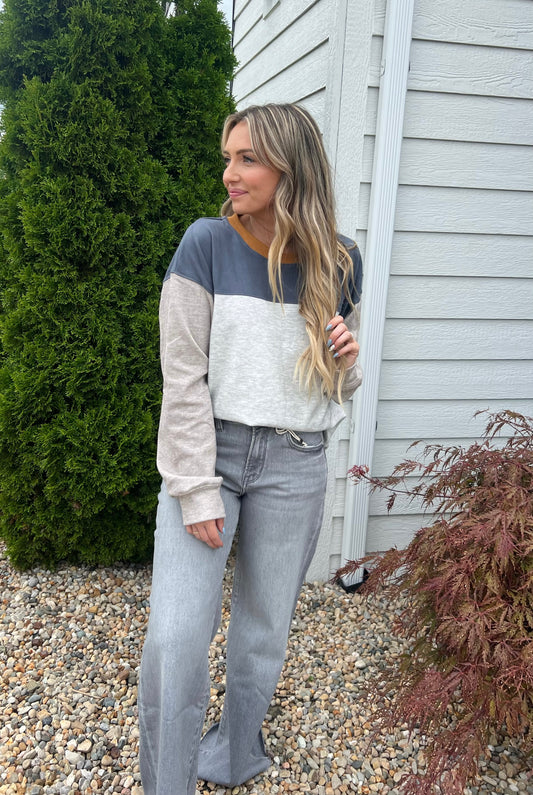 Slate Grey Crew Neck Color Block Fleece Pullover