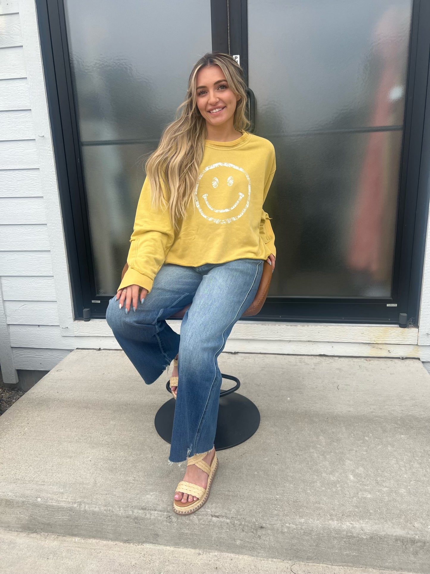 Mustard Yellow Smile Print Long Sleeve Top