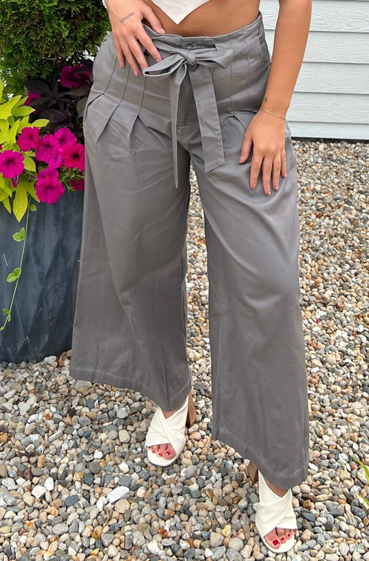 Grey Paper Bag Textured Wide Leg Waist Pant