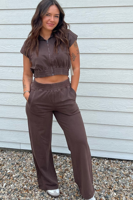 Dark Brown Washed Sleeveless Hoodie and Wide Leg Pant Set