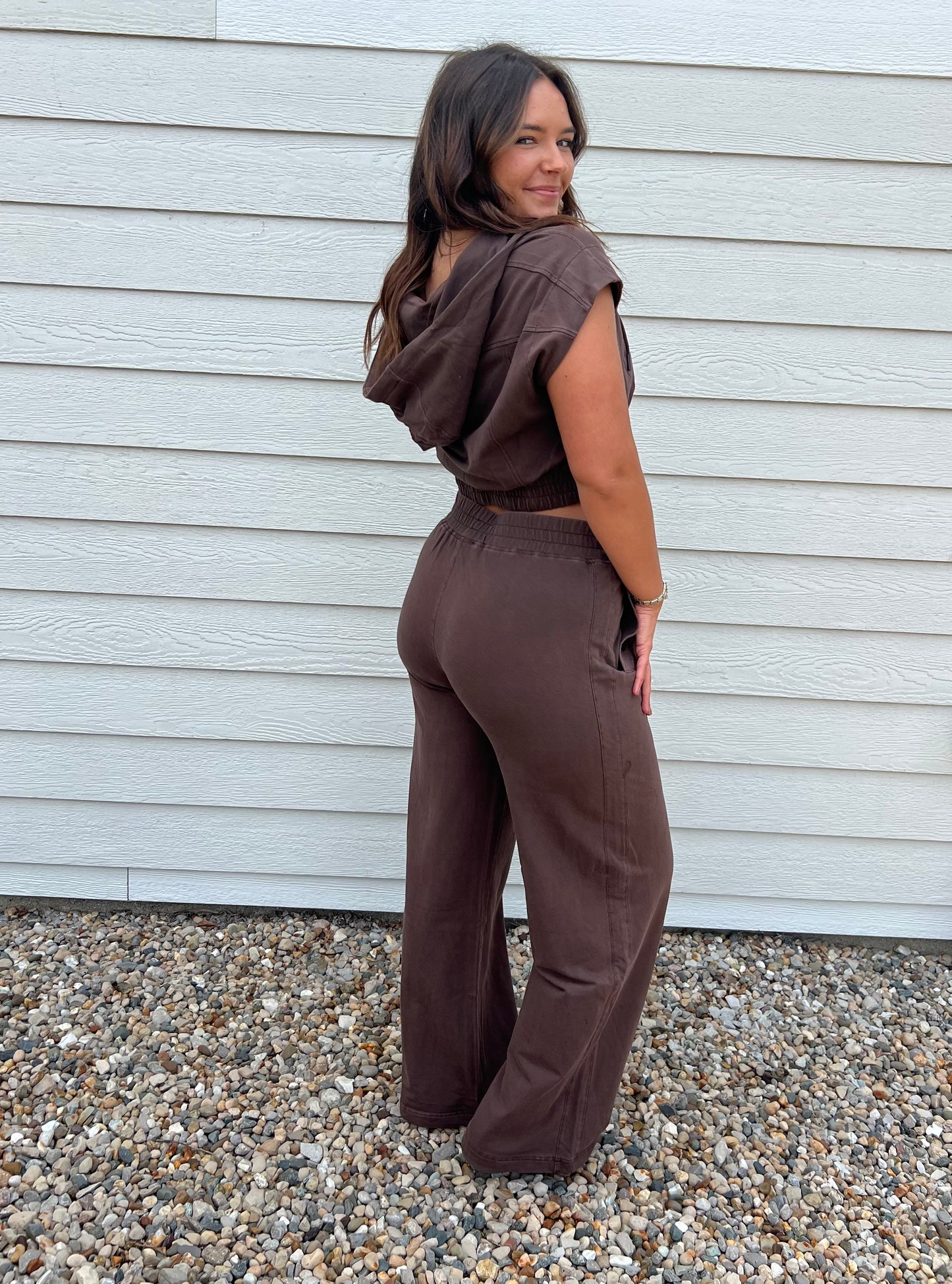 Dark Brown Washed Sleeveless Hoodie and Wide Leg Pant Set