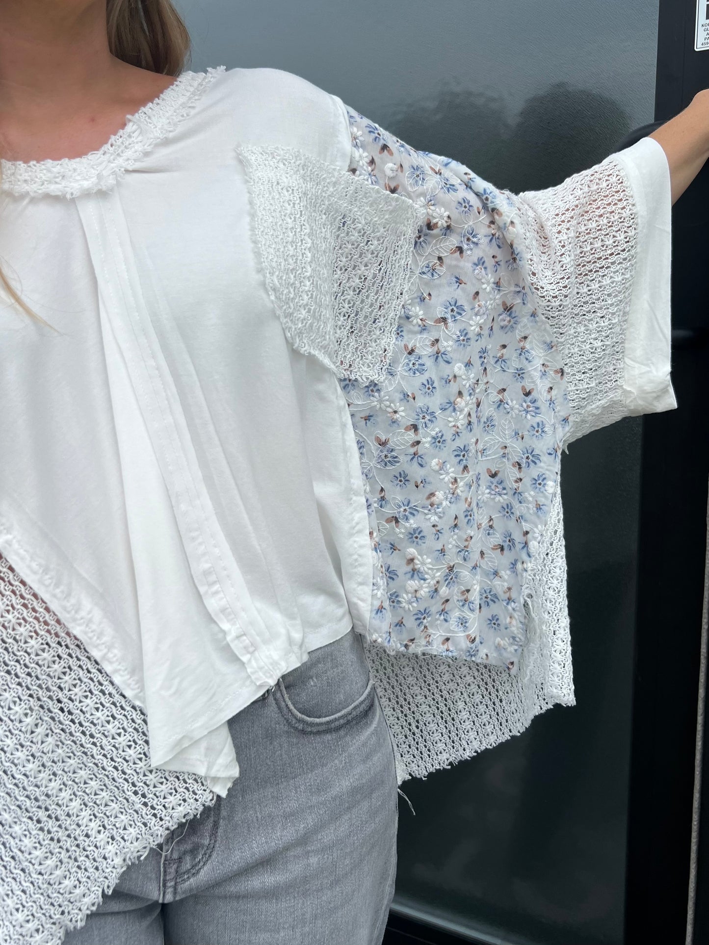 White Lacey Top With Blue Floral Color Block