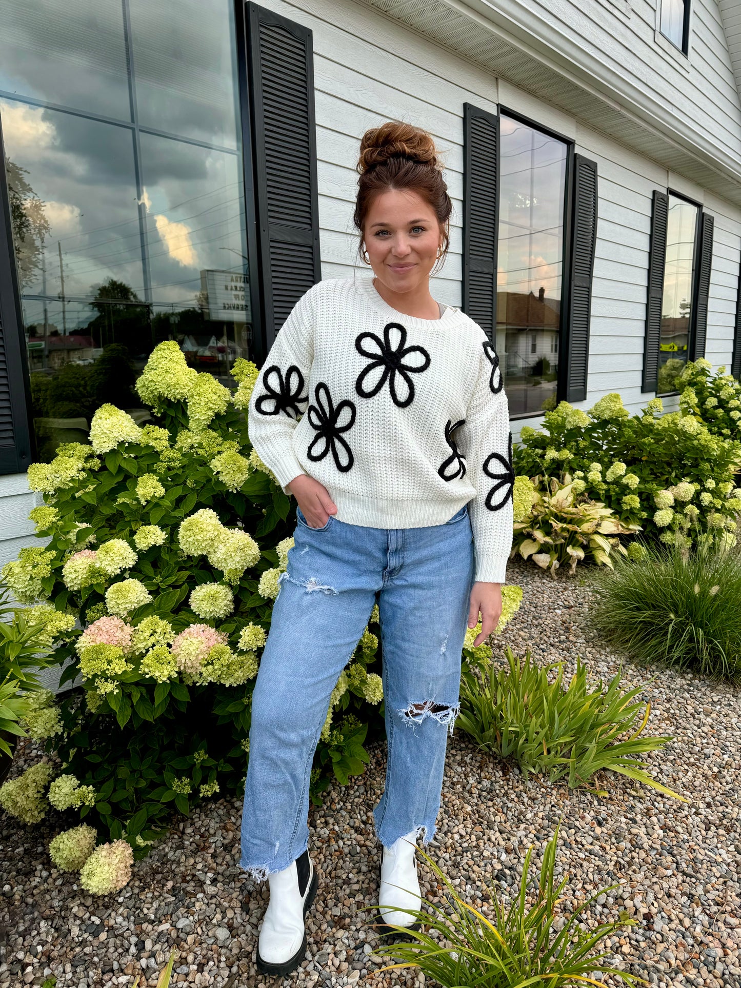 Off White Flower Stitch Long Sleeve Sweater