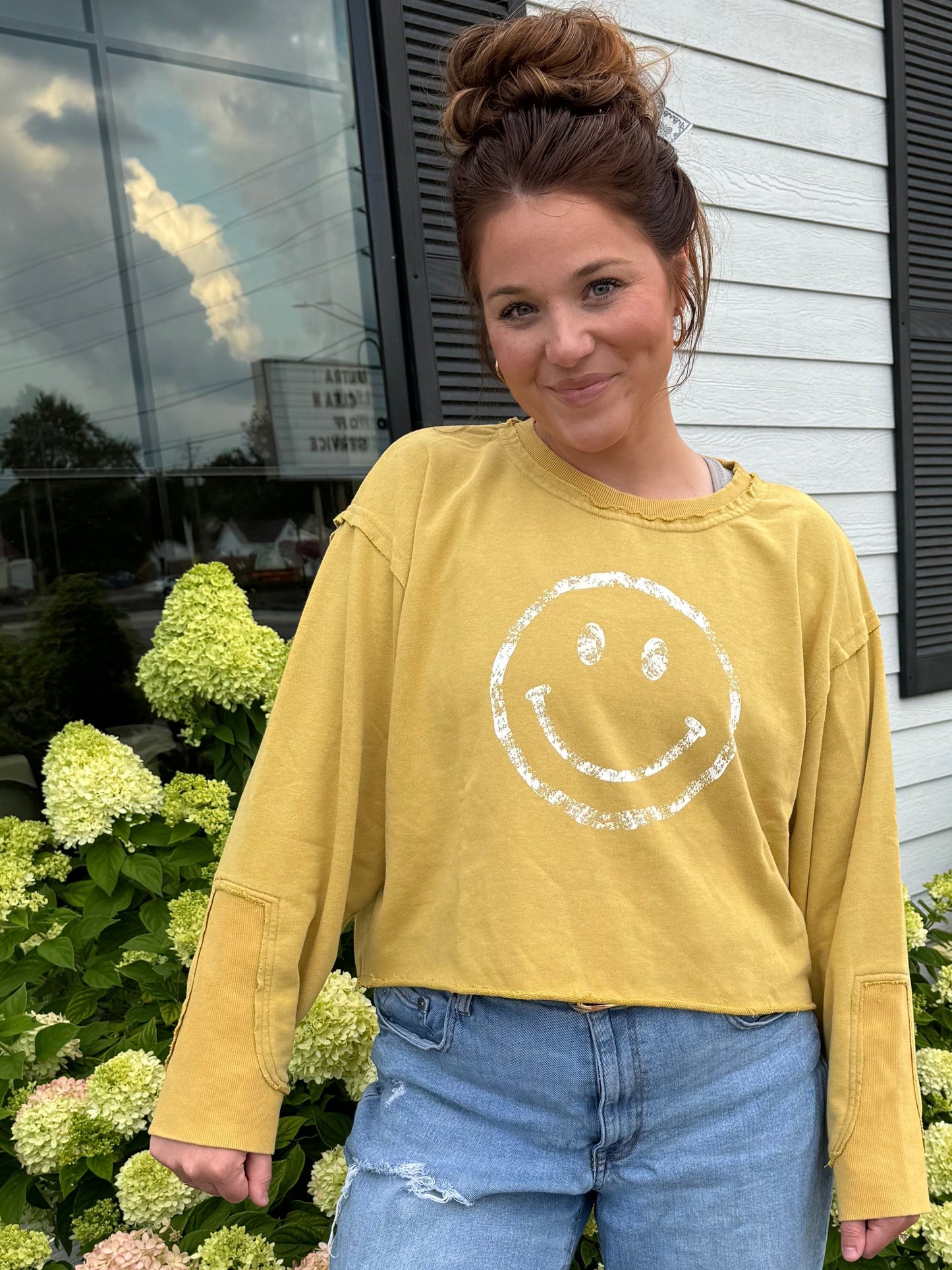 Mustard Yellow Smile Print Long Sleeve Top