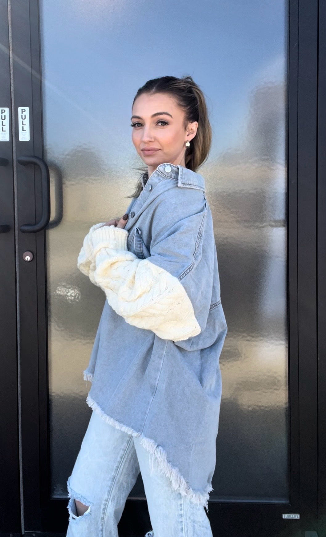 Jean Jacket With Cream Sweater Sleeves