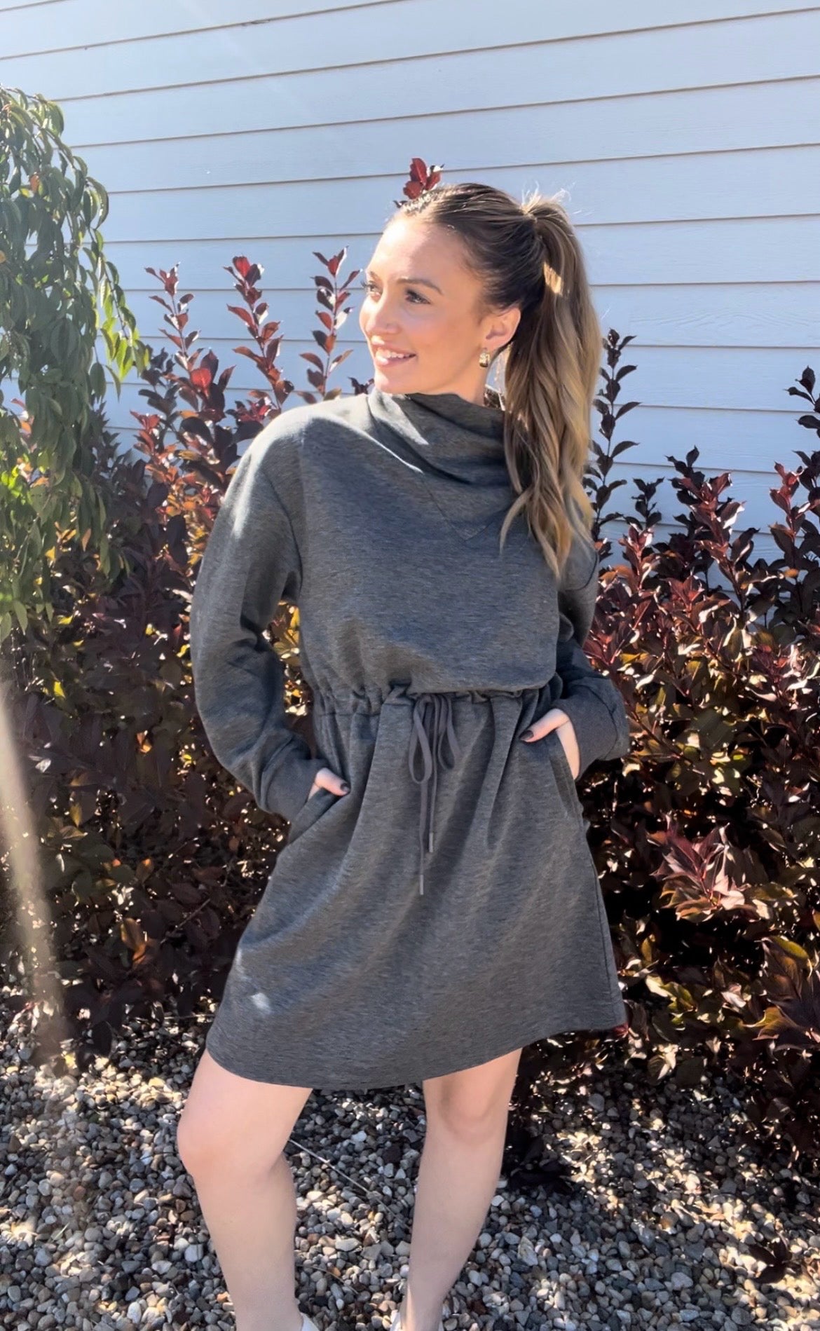 Charcoal No Lining Soft Knit Cowl Neck Sweat Dress