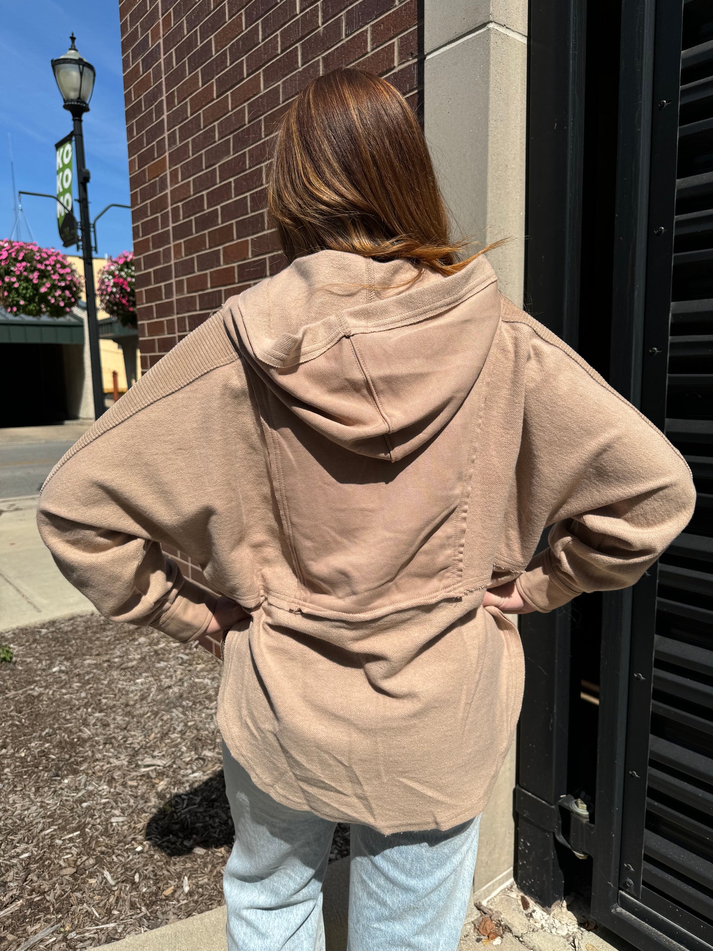 Taupe Patchwork Hooded Knit Top