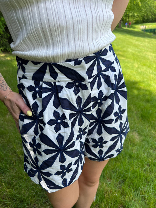 Embroidered Navy White Shorts