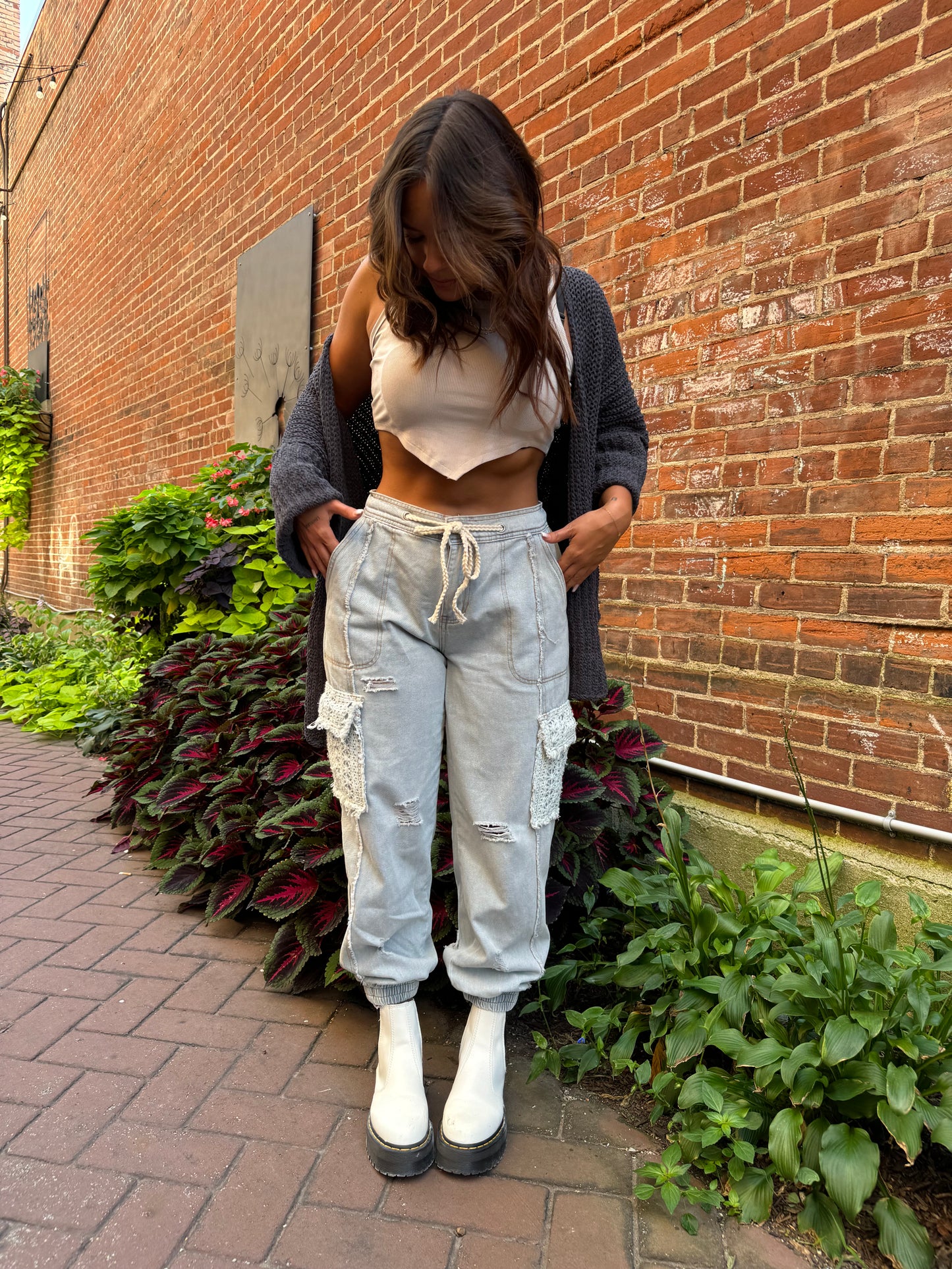 Denim Jogger Style Pants With Lace Patches