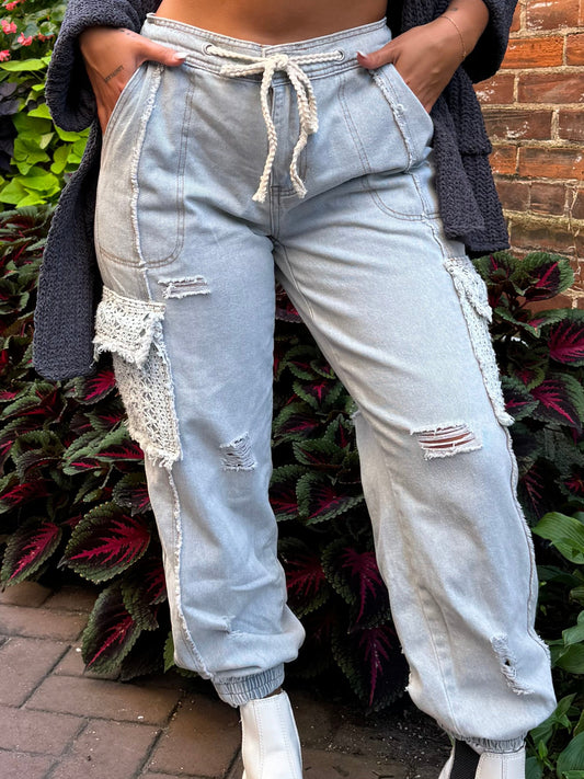 Denim Jogger Style Pants With Lace Patches