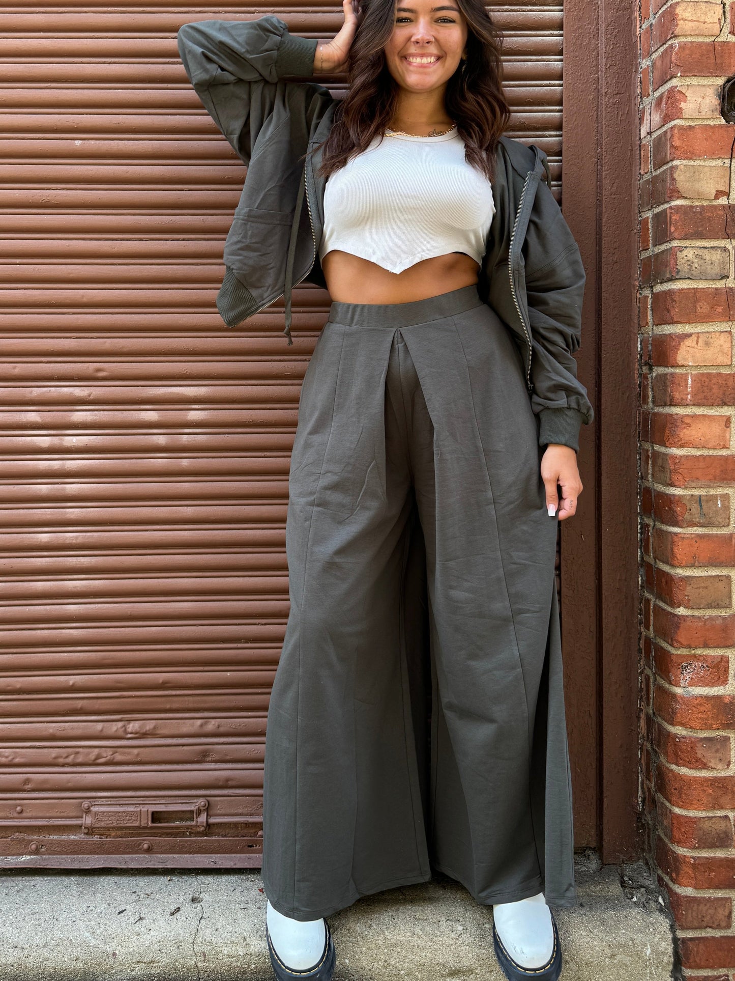 Charcoal Zip-up Hooded Jacket Wide-leg Pant Set