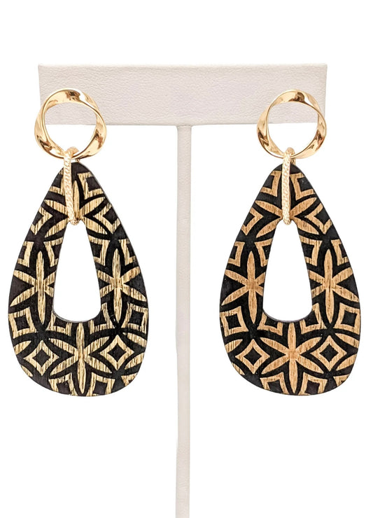 Large Designed Teardrop Wood Earring