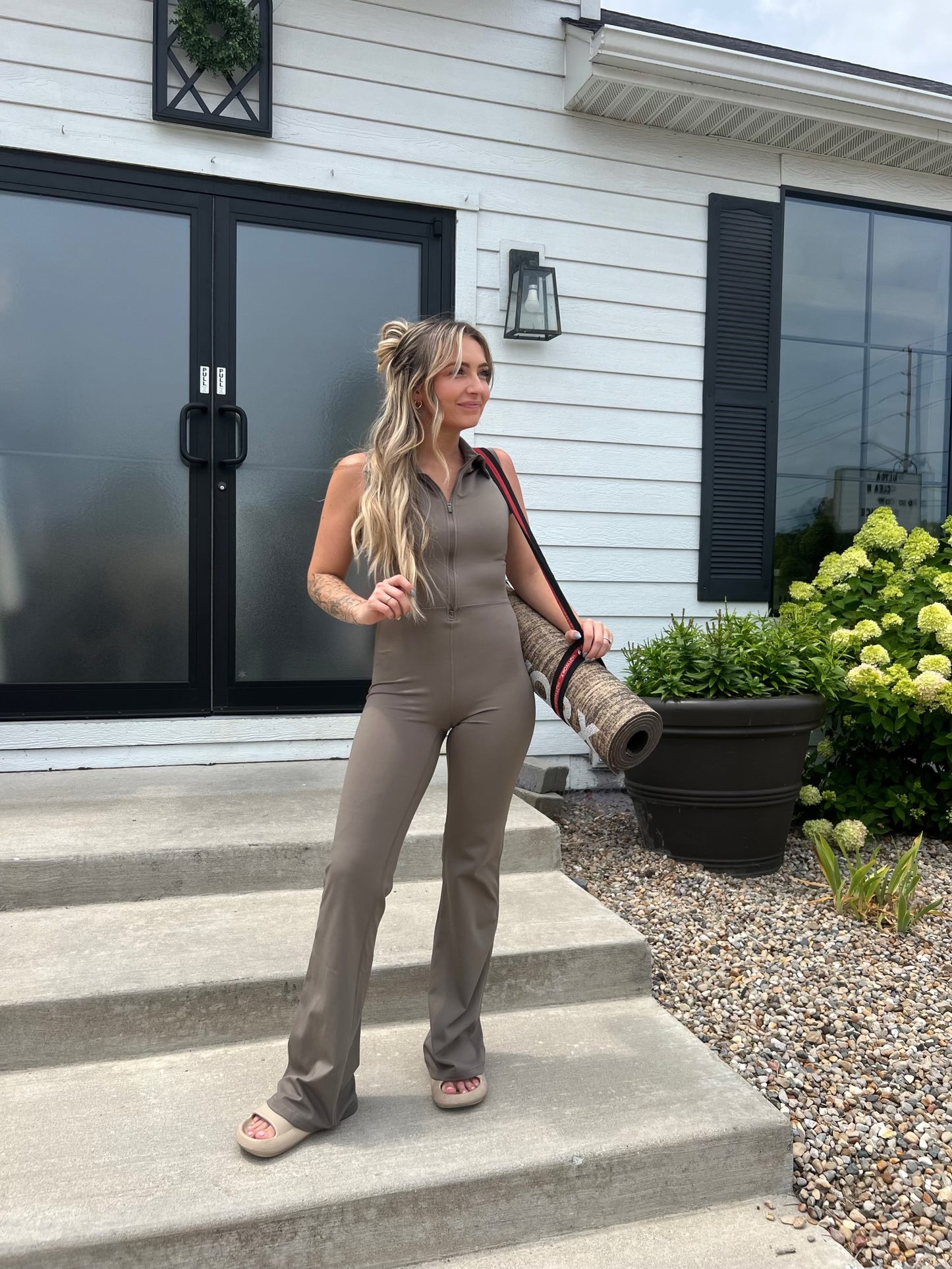 Olive Grey Venice Retro Half Zip Flared Jumpsuit